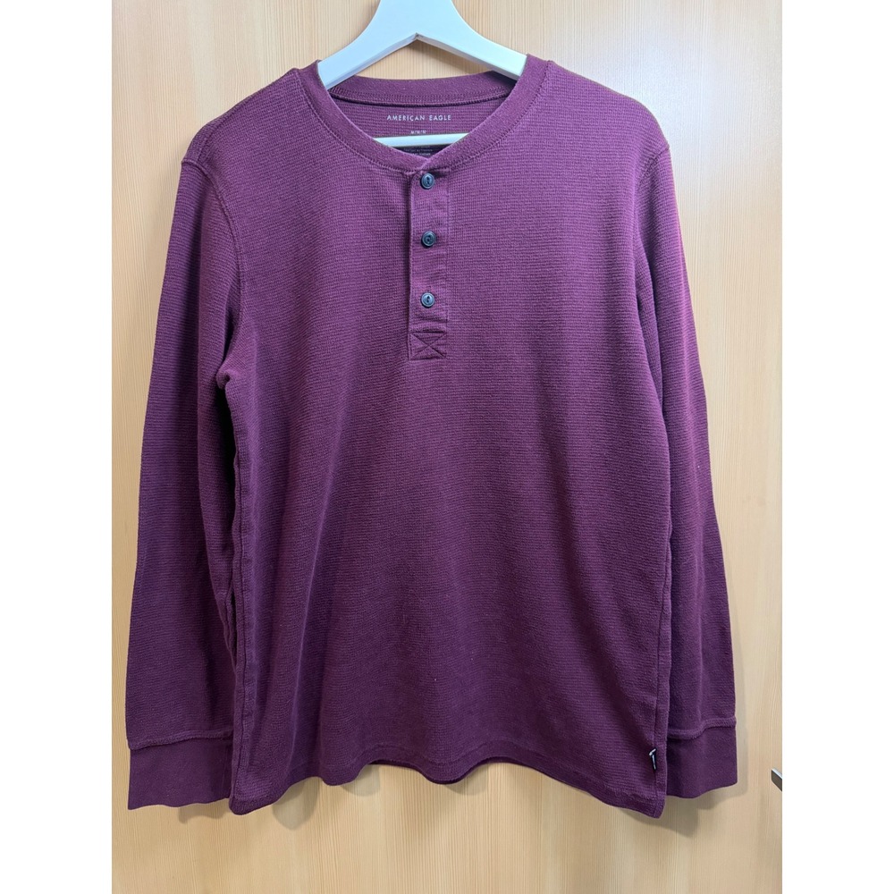 American Eagle Mens Waffle Knit Thermal Henley Shirt Burgundy Maroon Medium